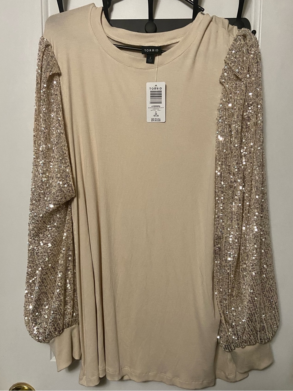 torrid Beige Knit Top with Sequin Puff Sleeves
